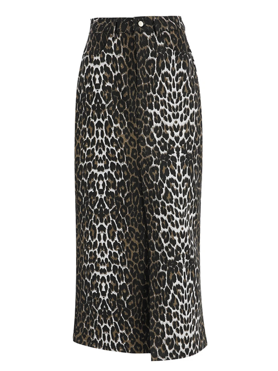 LIZAKOSHT  -  100% Cotton Fashion Split Skirt Women's Leopard Print Slim Fit Long Skirt Summer Office Lady Loose Straight Skirt