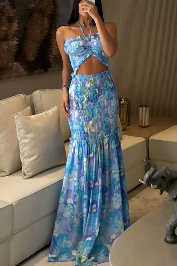 LIZAKOSHT  -  Spring Summer New Halter Neck Hollow Out Fashion Printed Ruched Dress Y2k Clothes Womrn Casual Bodycon Vacation Dress