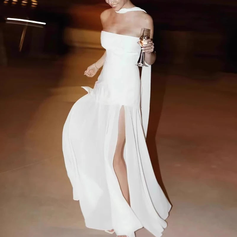 LIZAKOSHT  -  Elegant Patchwork Solid Color Party Dress Fashion Strapless Scarf High Waist Evening Dress Lady Temperament Summer Long Dresses
