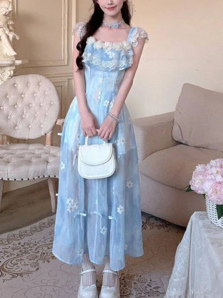 LIZAKOSHT  -  French Sweet Elegant Holiday Dress Women Chic Y2k Blue Casual Long Dress Japanese Fashion Vintage Kawaii Beach Style Outfits New