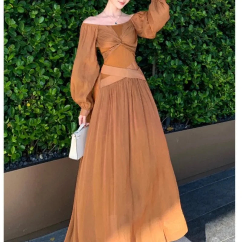 LIZAKOSHT  -  2026 French Style Glossy Lantern Sleeves Kinked Butterfly One-word Shoulder Dress Pendant Long Dress