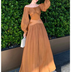 LIZAKOSHT  -  2026 French Style Glossy Lantern Sleeves Kinked Butterfly One-word Shoulder Dress Pendant Long Dress