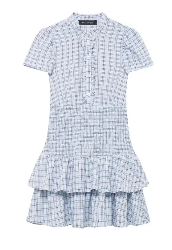 LIZAKOSHT  -  Plaid Waist Cinching A-line Dress Women Casual Short Sleeve V-neck Layered Pleated Mini Dresses Lady Holiday Street Robes
