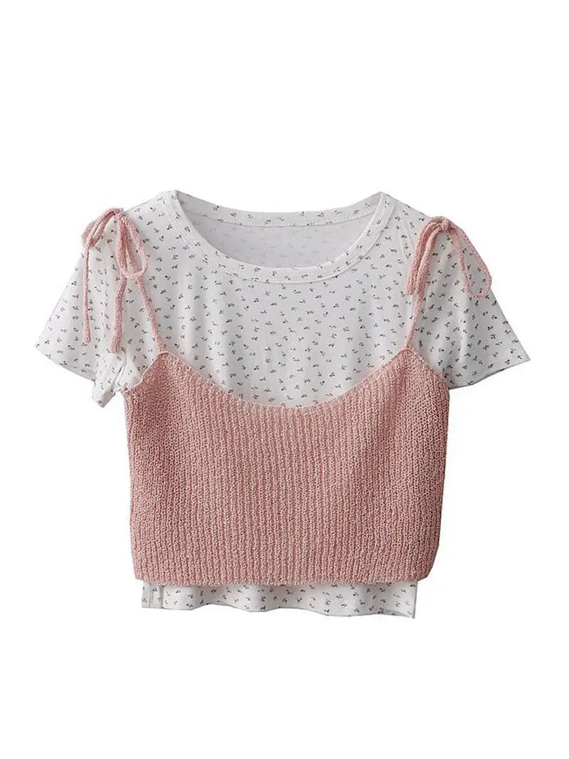 LIZAKOSHT  -  Women's Korean Sweet Style Small Floral O-neck Short -sleeved T-shirts+ Summer Bow Lace-up Suspenders Stacked Tops Two-piece Set
