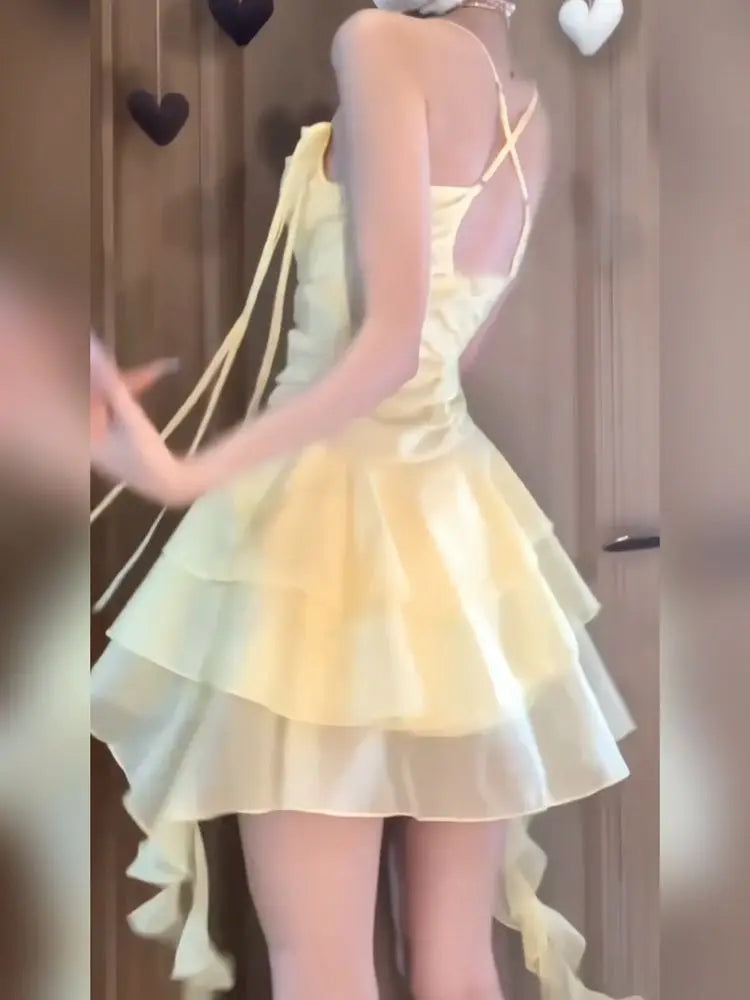 LIZAKOSHT  -  Japan Woman's Sexy Dress Yellow Square Collar Sleeveless Backless Summer Dresses Woman Trendy  New