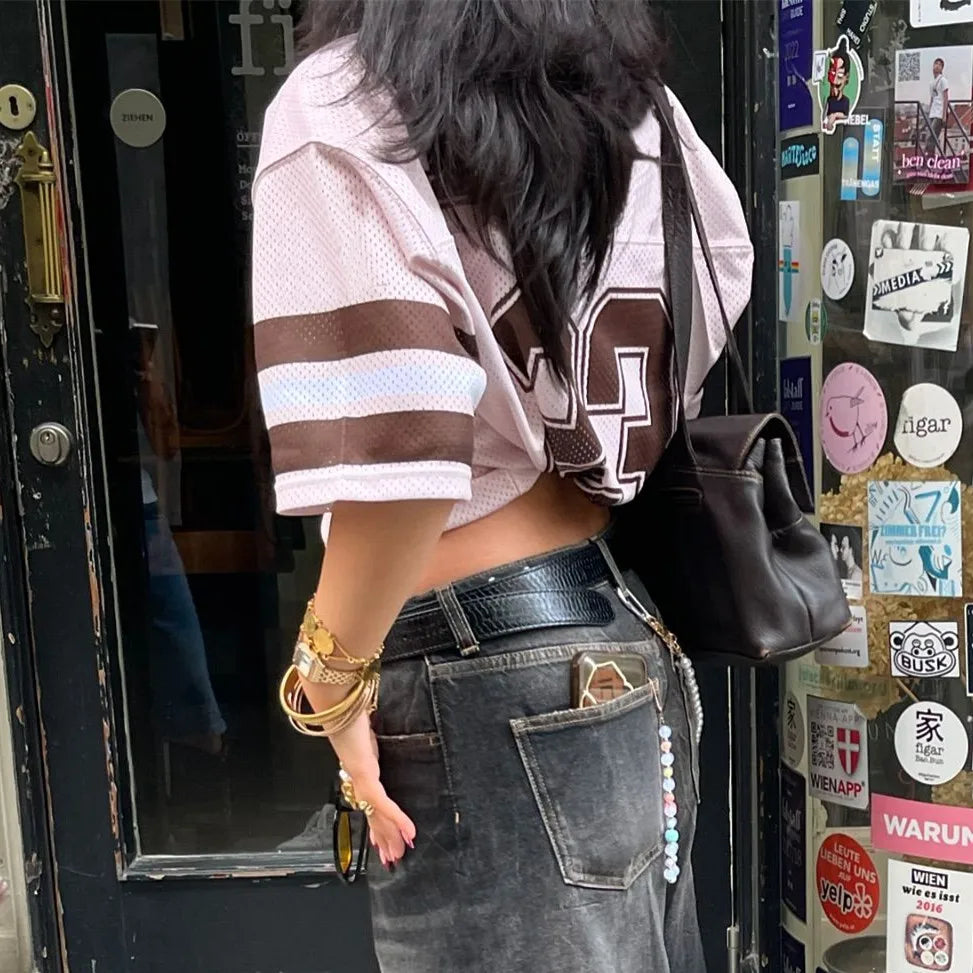 LIZAKOSHT  -  Women Y2k Graphic Oversized Jersey Tee Sporty Aesthetic Number Letter Print Jersey Shirt Preppy Clothes Retro Streetwear