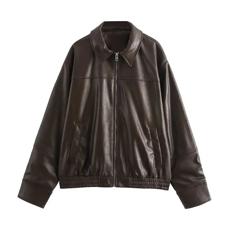 LIZAKOSHT  -  Textured Leather Jacket Coat Vintage Matte Zipper Short Outwear Top Lapel  Cool Fashion Commuter Loose Slimming Biker Jackets