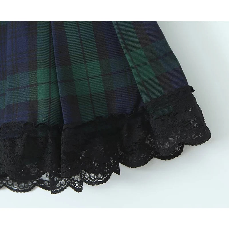 LIZAKOSHT  -  Y2K  Women With Belt High Waist Plaid Skirt Lace Trim Summer Female A-line Mini Skirts