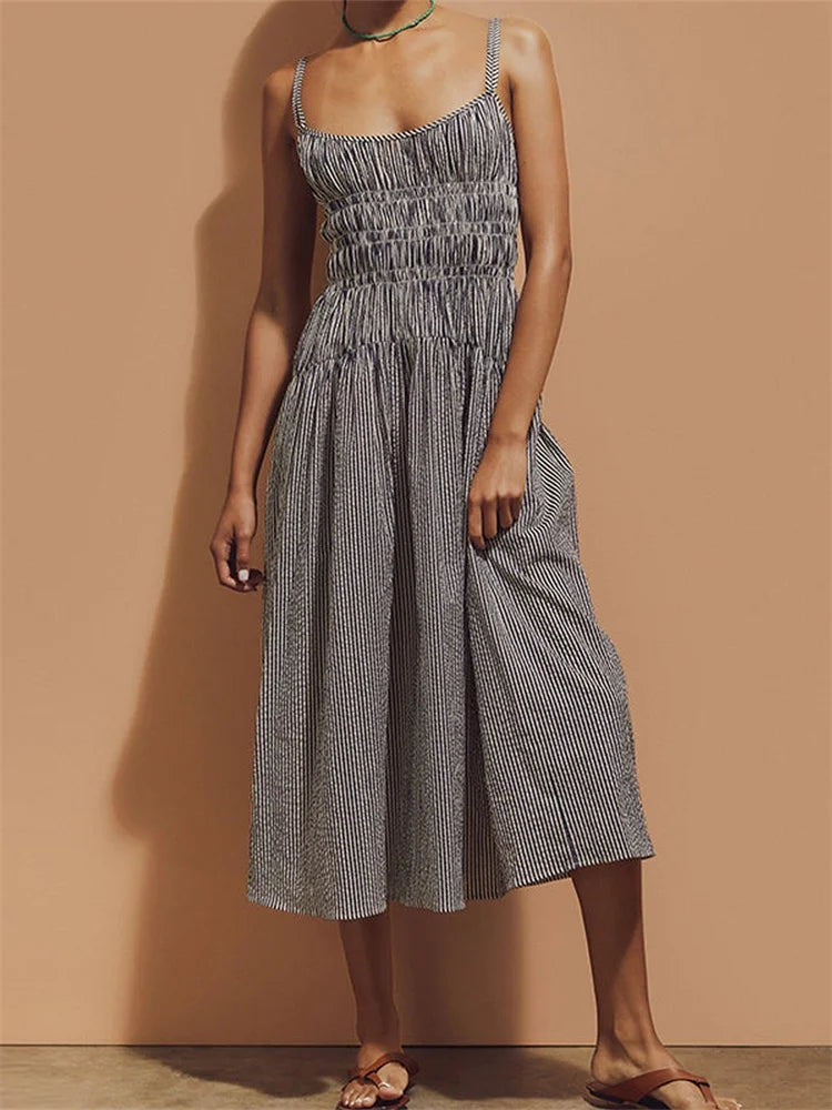 LIZAKOSHT  -  Women Ruched Dresses Striped Print Spaghetti Strap Sleeveless Backless Tie-Up A-line Dress with Pockets Vestidos