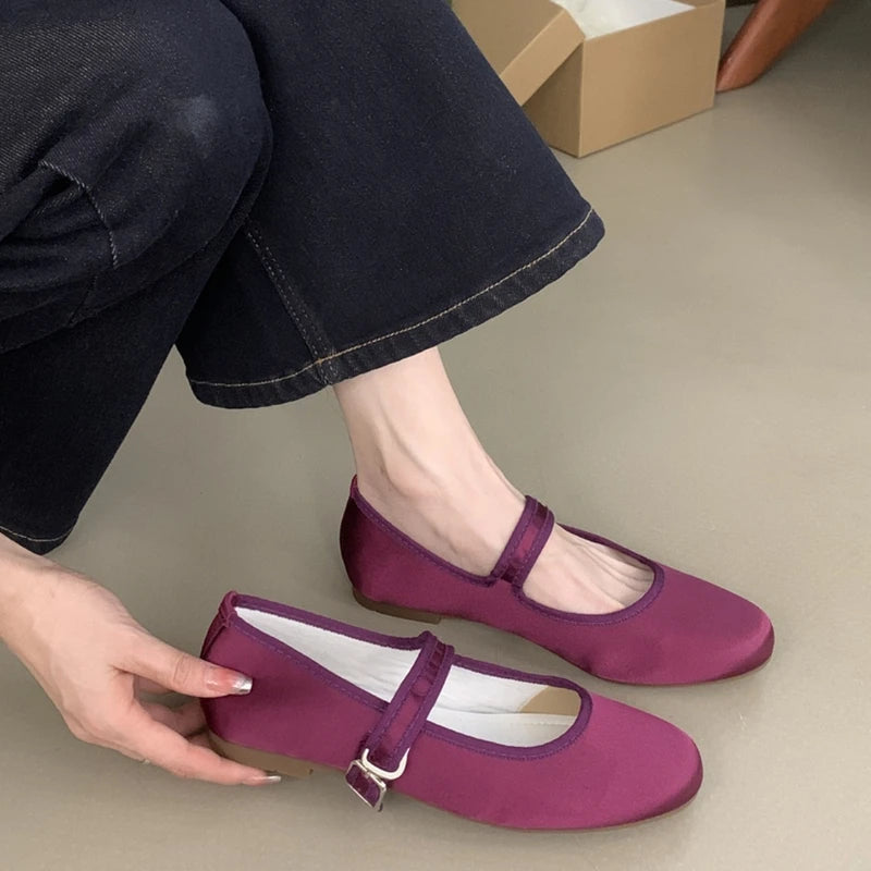 LIZAKOSHT  -  Comfort Satin Soft Sole Ladies Mary Jane Shoes Fashion Round Toe Shallow Women Flats Elegant Buckle Prom Designer Ballet Shoes