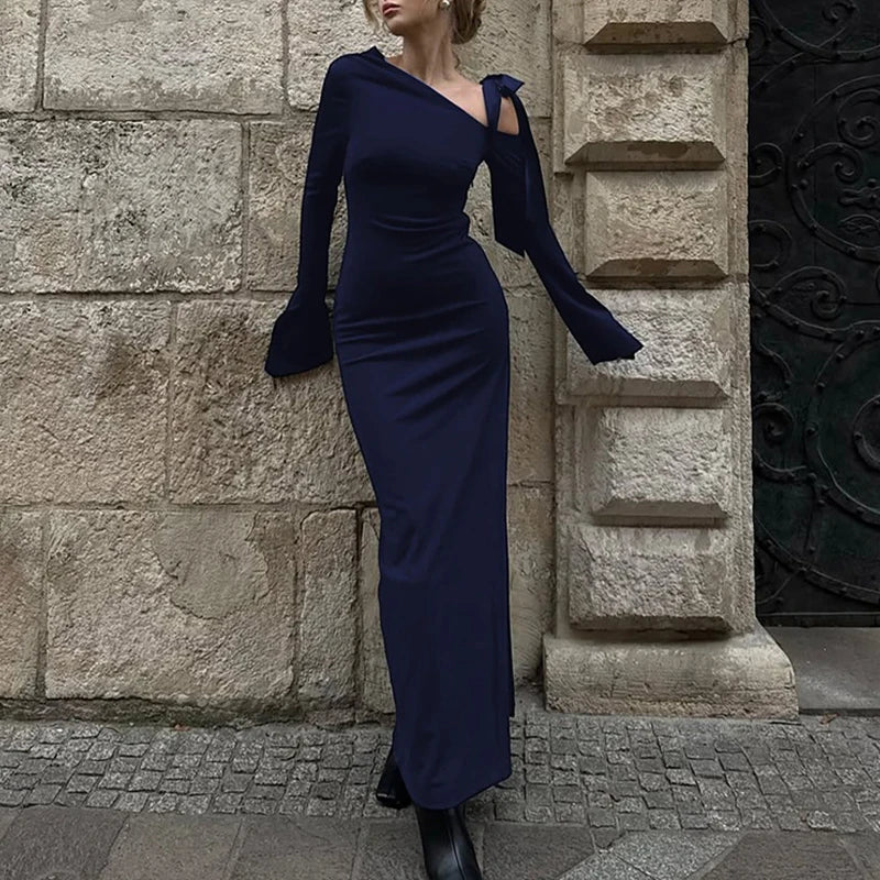 LIZAKOSHT  -  Women's Elegant Long Sleeve Slim Fit Solid Off Shoulder Skew Collar Strappy Side Slit Maxi Dress Casual Sexy Y2K Streetwear