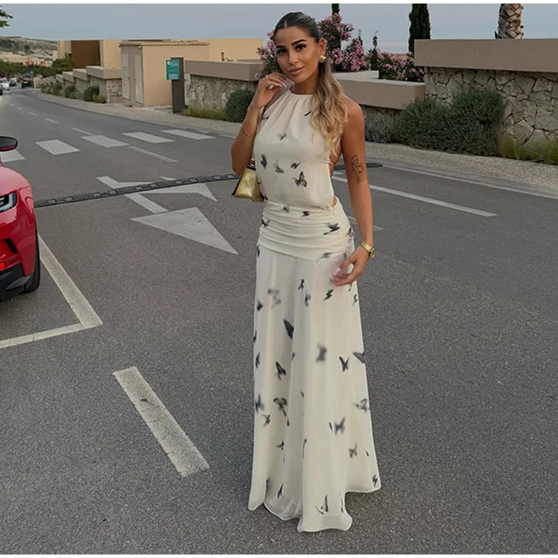 LIZAKOSHT  -  Sexy Printed Halter Long Dresses Women Fashion Sleeveless Backless High Waist Slim Maxi Dress 2025 Lady Summer Chic Casual Robes