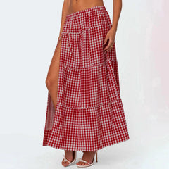LIZAKOSHT  -   Vintage Plaid Maxi Skirts for Women Y2K Elastic Waist Side Slit Tiered Skirt Summer Flowy Gingham A Line Long Skirt