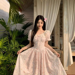 LIZAKOSHT  -  Sweet Print Floral Women Dresses Puff Sleeve Beach Style Elegant Long Dress Korean Fashion Vintage Vestidos Mujer