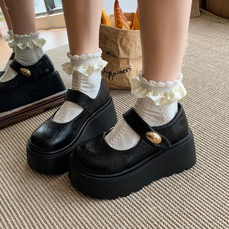 LIZAKOSHT  -  Autumn Vintage Platform Women Mary Jane Shoes  Fashion Outdoor Stripper Shoes Ladies Thick High Heels jk Leather Pumps