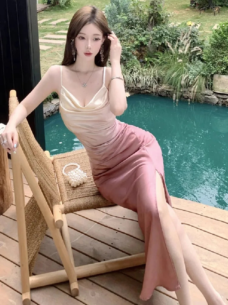 LIZAKOSHT  -  Fashion Sexy Dresses Women Elegant Sleeveless Slash Neck Split Ruched Backless Gradient Dresss Party Female Club