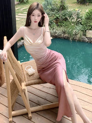 LIZAKOSHT  -  Fashion Sexy Dresses Women Elegant Sleeveless Slash Neck Split Ruched Backless Gradient Dresss Party Female Club