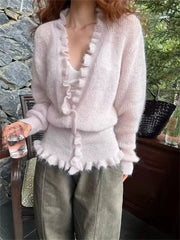 LIZAKOSHT  -  Korean Style Spring Autumn V-neck New Waist Ruffle Sweater Cardigan for Women Slim Knit Sweater Oversized Cardigans Tops