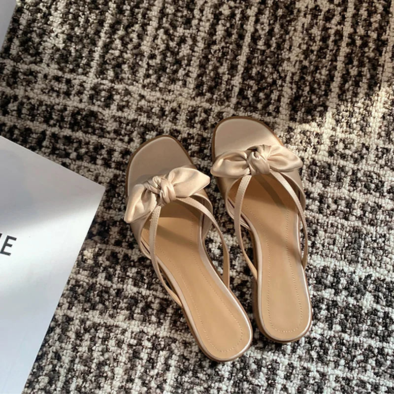 LIZAKOSHT  -  Luxury Silk Slippers Women Butterflyknot Slides Shoes Summer Ladies Low Heels Flat Sandals Femmes Evening Party Flip Flops