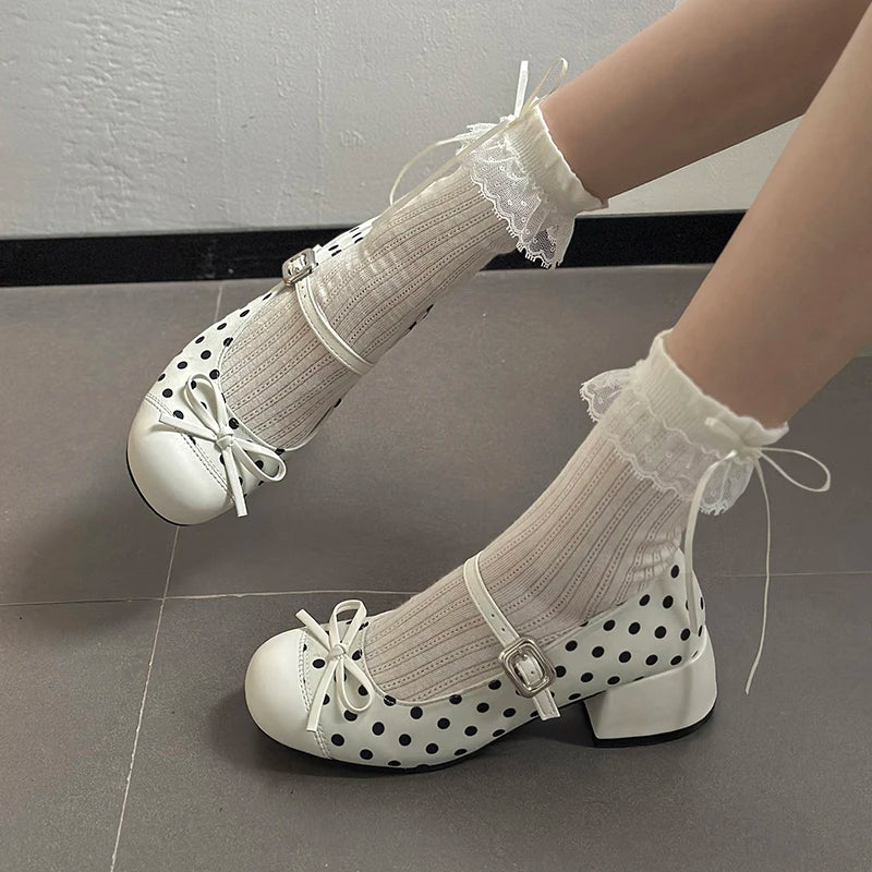 LIZAKOSHT  -  Cute Polka Dot Thick Heel Women Mary Jane Shoes Designer Buckle Strap Pumps Ladies Eelgant Butterfly-knot Dress Single Shoes