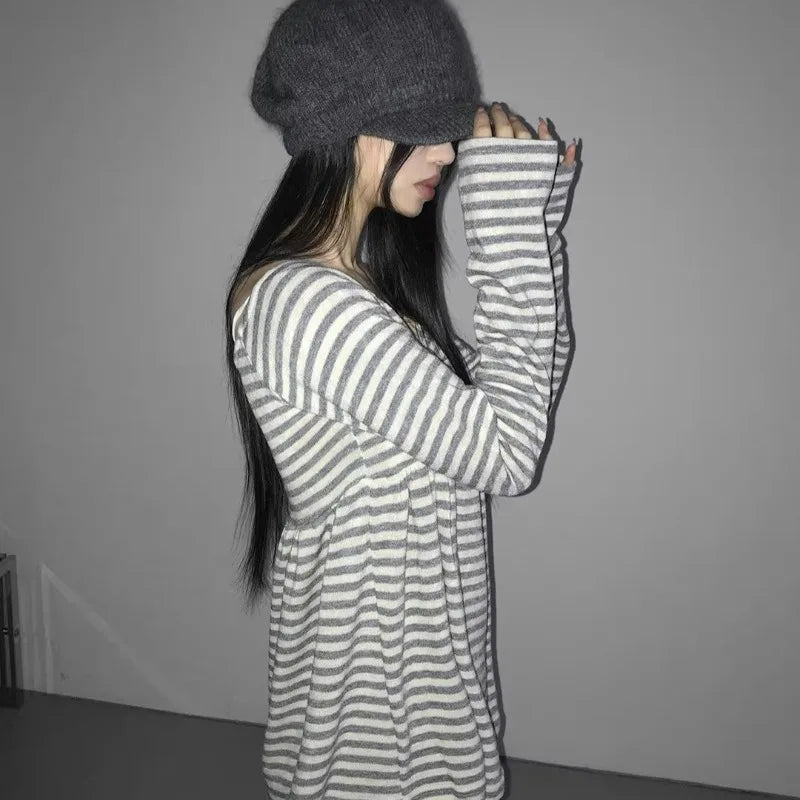 LIZAKOSHT  -  Spring Autumn T Shirt for Women Bows Stripes Y2k Clothes Ropa De Mujer Japanese Style Vintage Slash Neck Tees