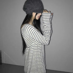 LIZAKOSHT  -  Spring Autumn T Shirt for Women Bows Stripes Y2k Clothes Ropa De Mujer Japanese Style Vintage Slash Neck Tees
