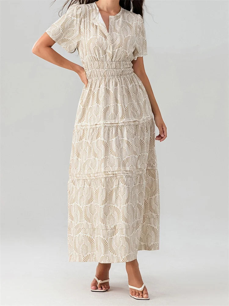 LIZAKOSHT  -  Fashion Women Long Maxi Dress High Waist V-Neck Short Flare Sleeve A-line Dresses with Pockets Female Beach Vestidos