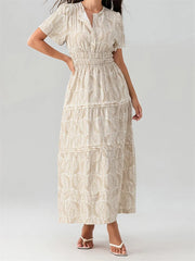 LIZAKOSHT  -  Fashion Women Long Maxi Dress High Waist V-Neck Short Flare Sleeve A-line Dresses with Pockets Female Beach Vestidos