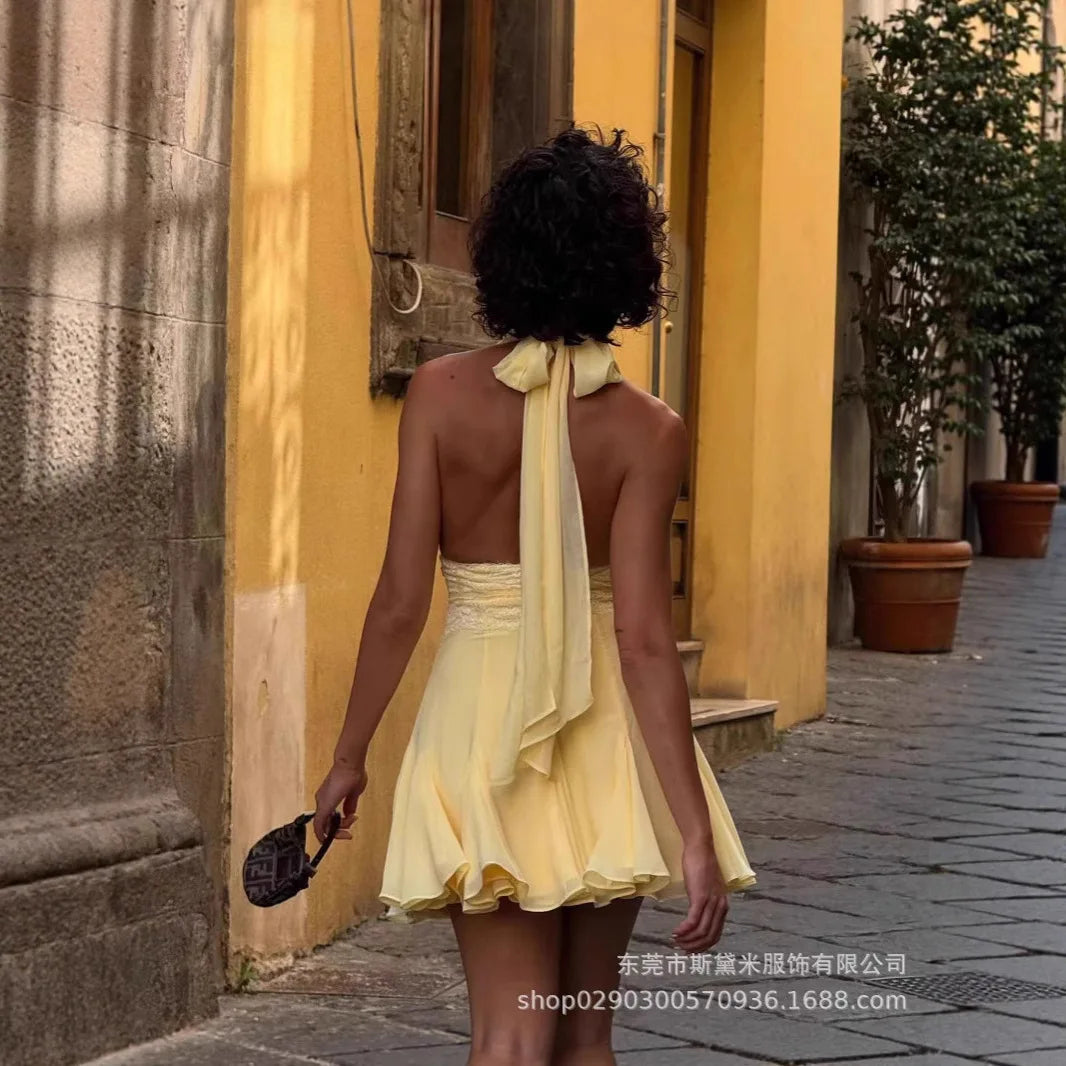 LIZAKOSHT  -  Summer Yellow Lace Women Prom Dress Sexy V Neck Halter Sleeveless Backless Party Gown Short Mini Robe Casual Beach Holiday Skirt