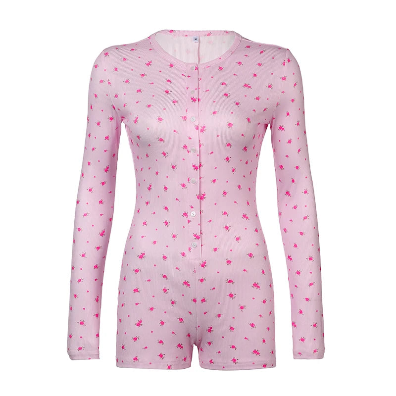 LIZAKOSHT  -  Floral Print Chic Rompers for Women Aesthetic Crewneck 2000s Long Sleeves Jumpsuits Sweet Korean Harajuku Cloth