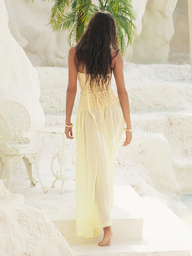 LIZAKOSHT  -  Starfish Halter Back Strap Dress Hanging Neck Waist Cinching Mesh Perspective Women Pleated Beach Long Dresses Slim Fit Robes