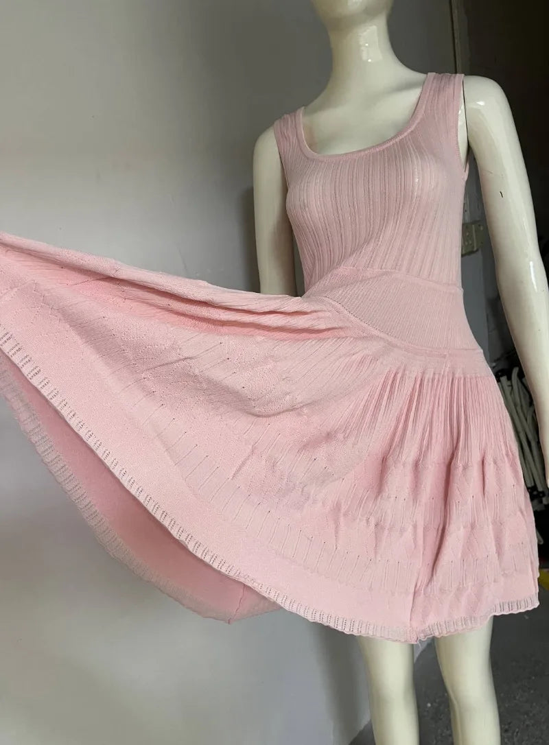 LIZAKOSHT  -  Hollow Out Ruffle Knit Sundress Women High Waist Casual Solid Sleeveless Dresses Vacation Party Sexy Backless Tank Dress