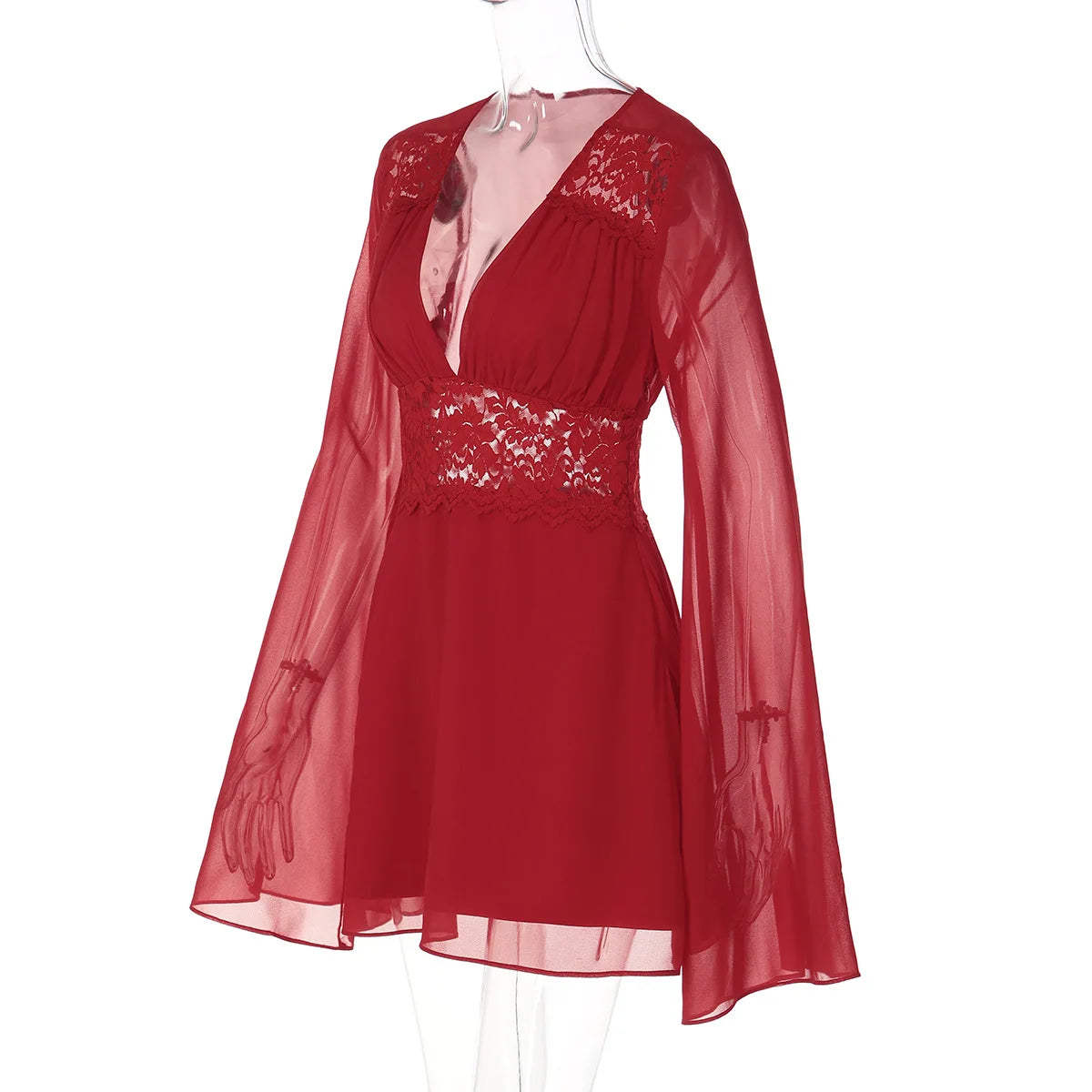LIZAKOSHT  -  Summer Fashion New Women's Elegant Design Dress with Hollow V-neck Mesh Waist and Trumpet Sleeves Spicy Girl Dress