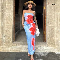 LIZAKOSHT  -  Summer New Sexy strapless Flower Printed Bag Hip Dress for Women Back Split Waist Tight Dresses Vacation style Casual Dress