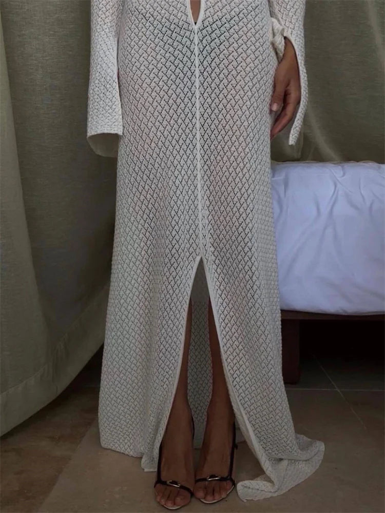 LIZAKOSHT  -  Female Knitwear Hollow Out Long Dress Beach Cover up See-Through Loose Long Sleeve V-Neck Dress Women's Knit Maxi Dress