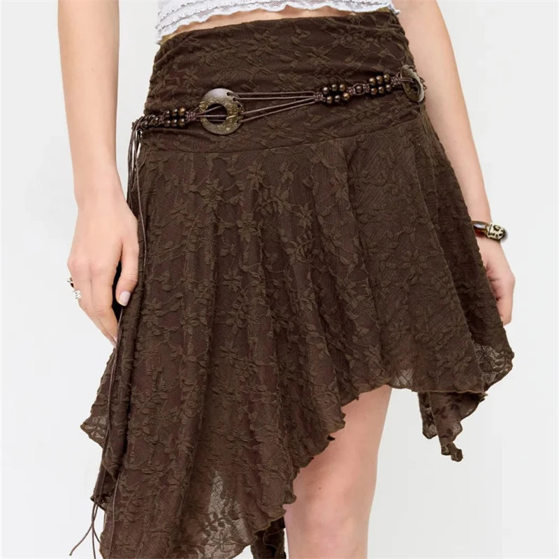 LIZAKOSHT  -  Womens Asymmetrical Hem Skirt Boho Lace Low Rise Floral Midi Skirt with Belt for Casual Bohemian and Daily Wear
