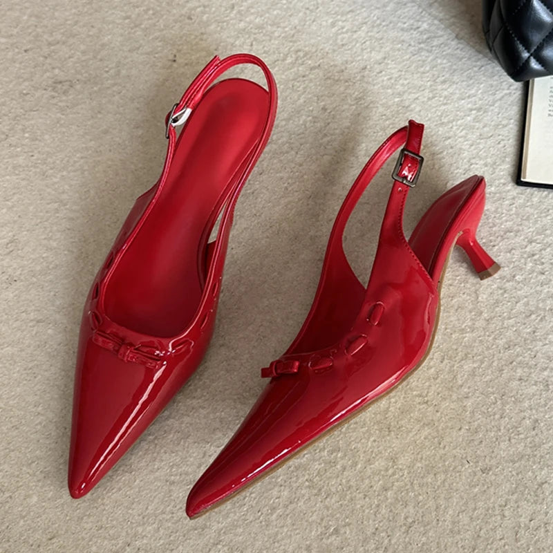 LIZAKOSHT -  Spring Brown Fashion Slingbacks Thin Low Heels Elegant Butterfly-knot Buckle Strap Woman Pumps Party Wedding Shoe