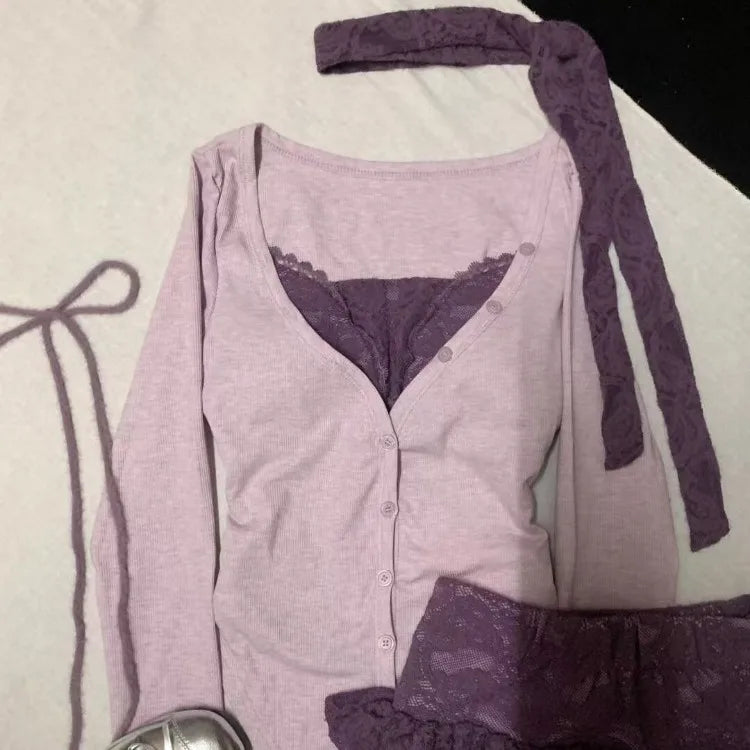 LIZAKOSHT  -  Lolita Sweet Skirt Set Women Purple Patchwork Long Sleeve Cardigan Layered High Waisted Pretty Style Mini Lace Skirt