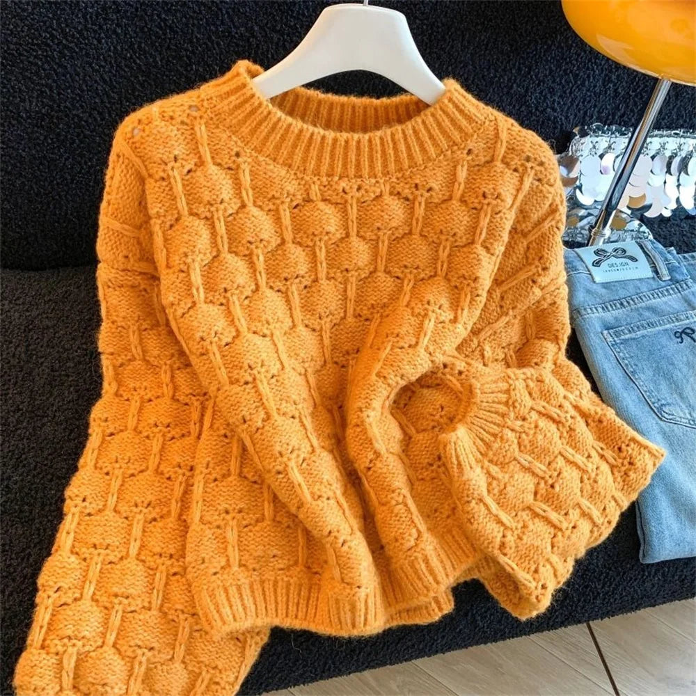 LIZAKOSHT  -  Women's All-match Retro Pullover Elegant Tops Winter New Knitwear Short Sweater Casual Hollow Out Knitting Sweater Pullover