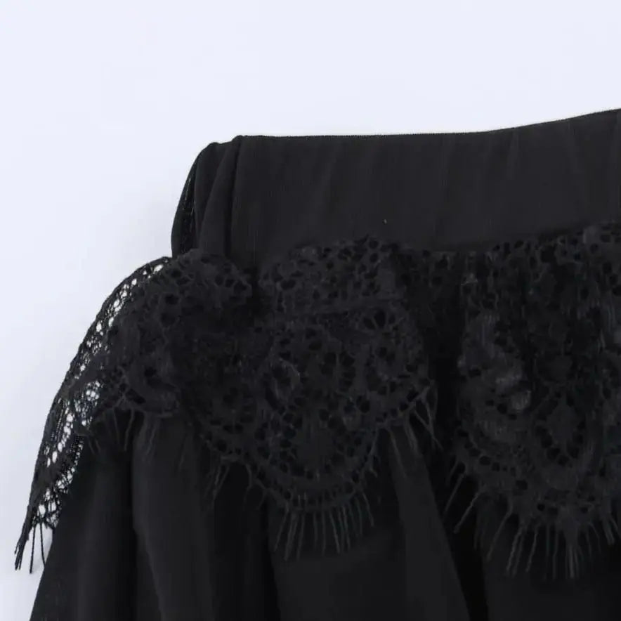 LIZAKOSHT  -  Spring Summer Black Chiffon Lantern Pants Women Spliced Lace Elastic Waist Ruffles Cuff Long Loose Trousers Full Length Bottom