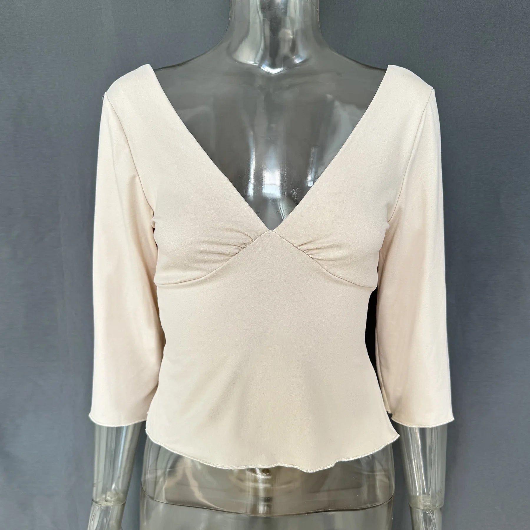 LIZAKOSHT  -  Summer Solid Slim Long Sleeve Women's Tops Sexy Deep V-neck Ruched Backless Crop Tops T-shirts Y2k Top Female Chic Tanks