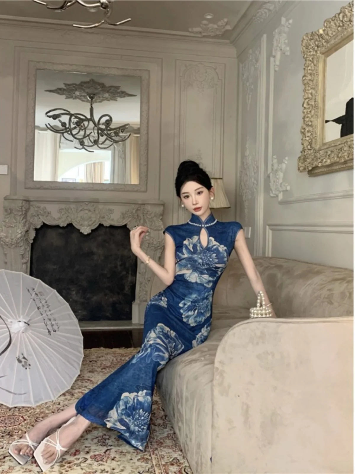 LIZAKOSHT  -  Retro Fashion Pearl Women's Skirt Slim Fit Printed High Quality Slimming  Dress Korean Style Stand Collar Wrap around