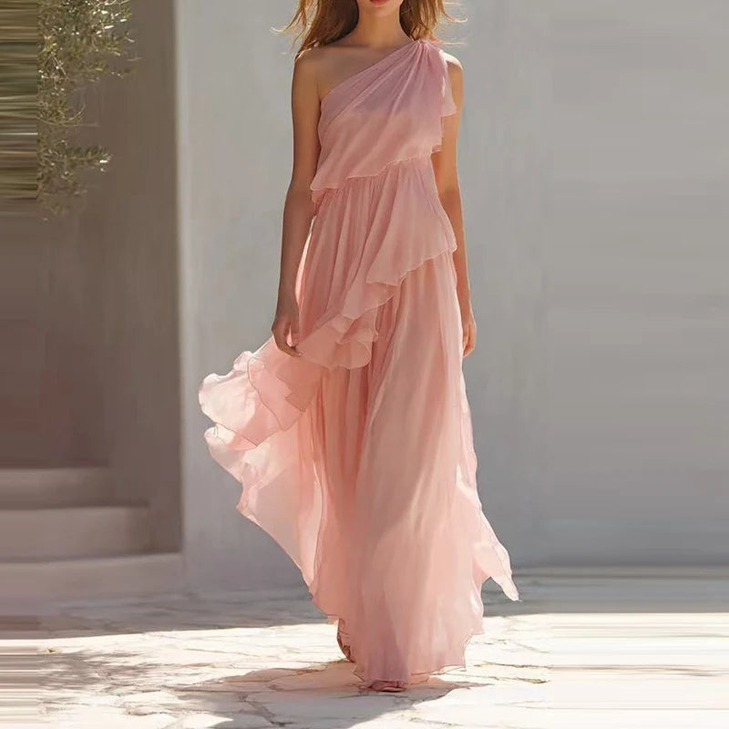 LIZAKOSHT  -  Sexy Tiered Ruffle Draped Formal Party Dress Women Elegant Asymmetrical Solid Gowns Sleeveless Slanted Shoulder Bridesmaid Dress