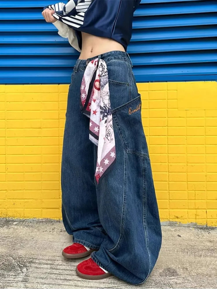 LIZAKOSHT  -  Cyber Y2K Streetwear Blue Wide Leg Baggy Harem Jeans Pants For Women Designer Clothes Multi Pockets Straight Lady Trousers