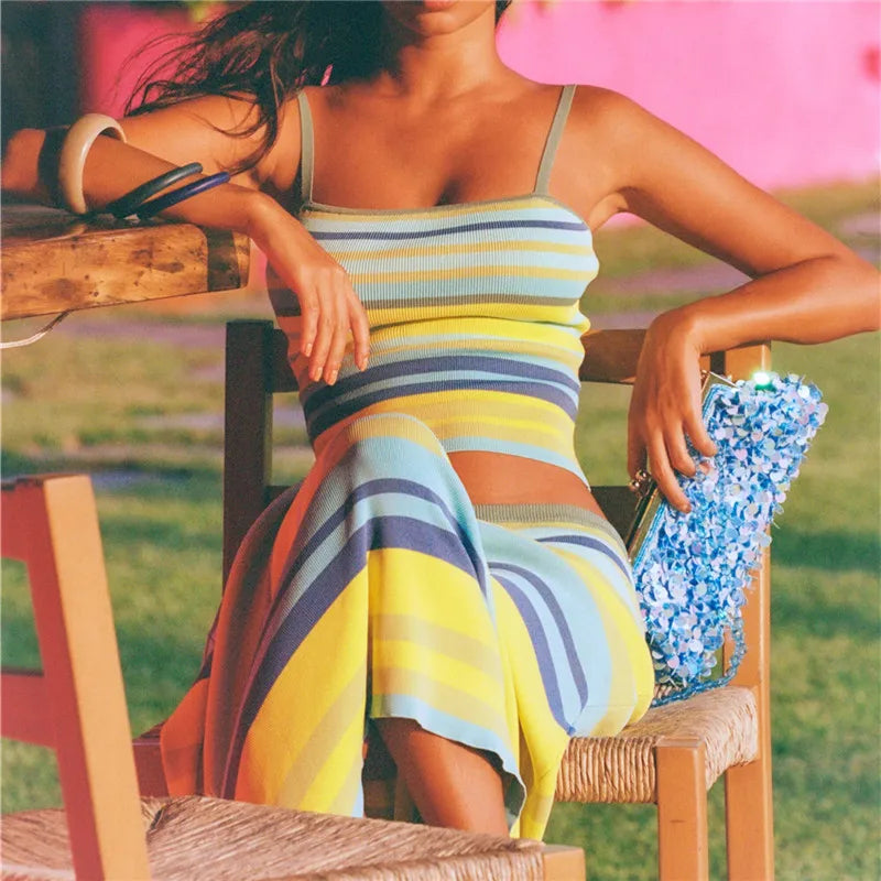 LIZAKOSHT  -  Y2K Sleeveless Spaghetti Strap Tank Tops and Drawstring Long Skirt Set Women’s 2 Piece Summer Outfits Vacation Beachwear
