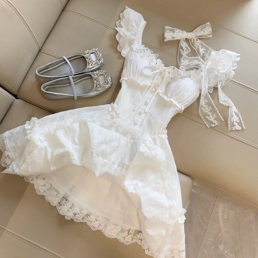 LIZAKOSHT  -  French Elegant Sweet Mini Puffy Sleeve First Love Summer New Fairy Tale Princess Skirt Short Sleeve Asymmetrical Shoulder Dress