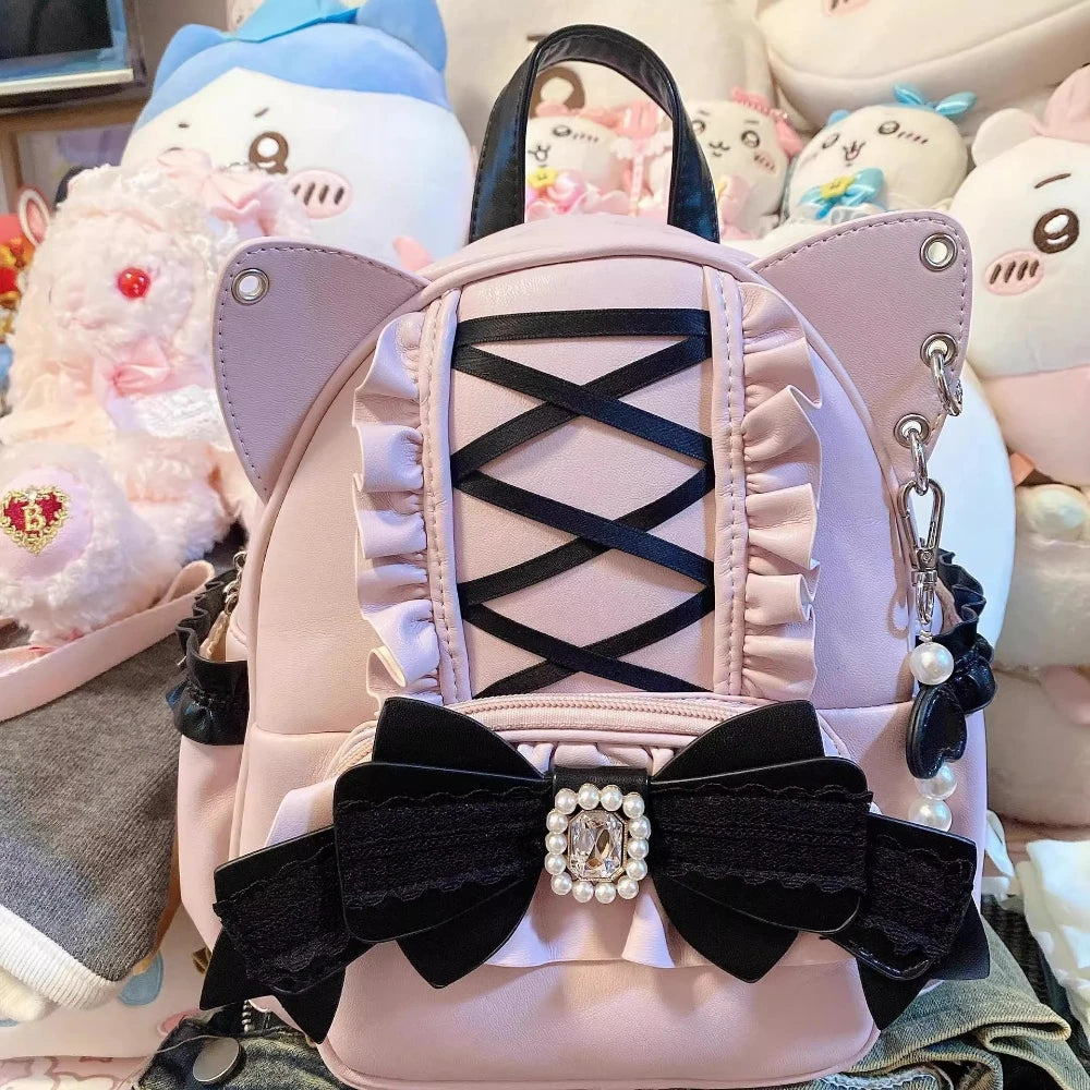 LIZAKOSHT  -  Korean Fashion Y2k Punk Backpack Lace Bow Cat Ear Lotus Lace Decoration Lolita Backbag PU Leather Large Capacity Women Backpack