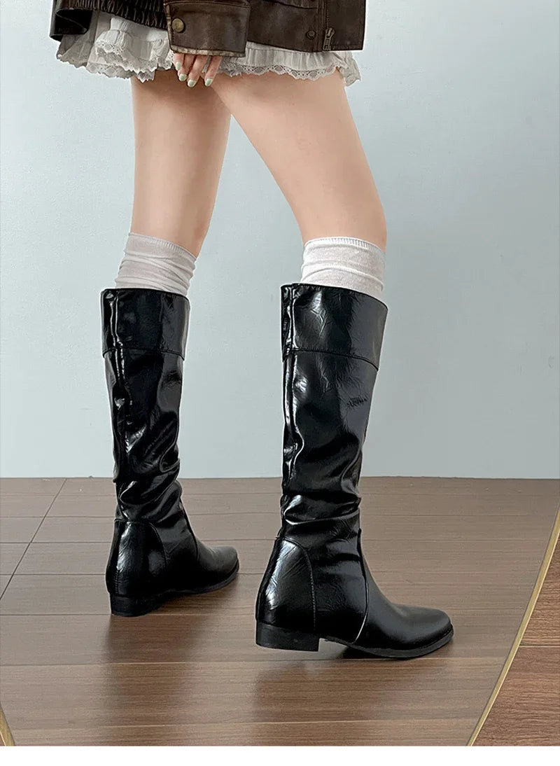 LIZAKOSHT  -  Cosy Soft Leather Women Knee High Boots Fashion Slip On Knight Long Booties Winter Internal Elevation Shoes Zapatos De Mujer