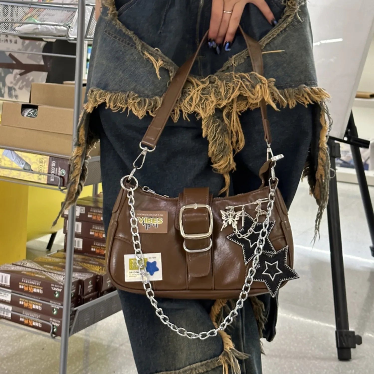 LIZAKOSHT  -  Y2k Hottie Square Bag Korean Fashion Gothic Punk Underarm Shoulder Bag Star Patchwwork Purses and Handbags Designer Bag