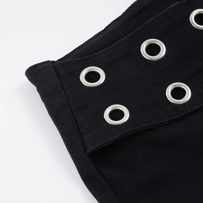 LIZAKOSHT  -  Y2k Heavy Duty Eyelet Belt Flared Jeans Punk Grunge Low-Waist Slim Skinny Denim Trousers Aesthetic 2000s Pants Fashion